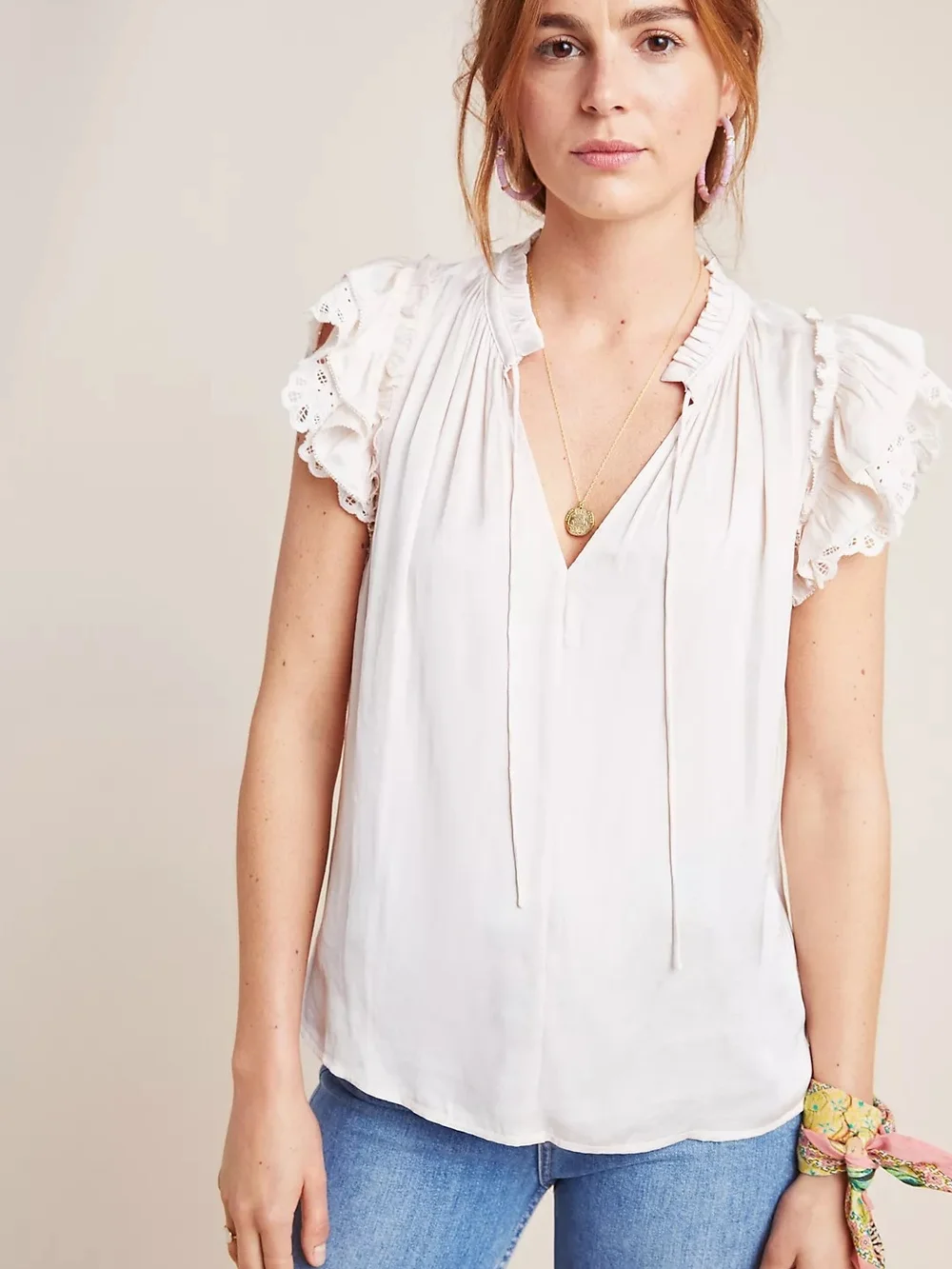 Current Air Satin Flutter Scallop Sleeve Blouse